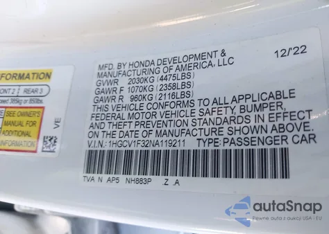 2022 Honda Accord Sport from USA, damaged, VIN 1HGCV1F32NA119211